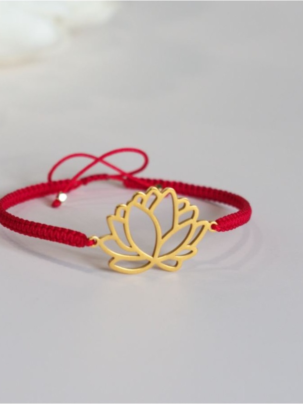 Gold Color Lotus Charm Red Macrame Cord Adjustable Bracelet